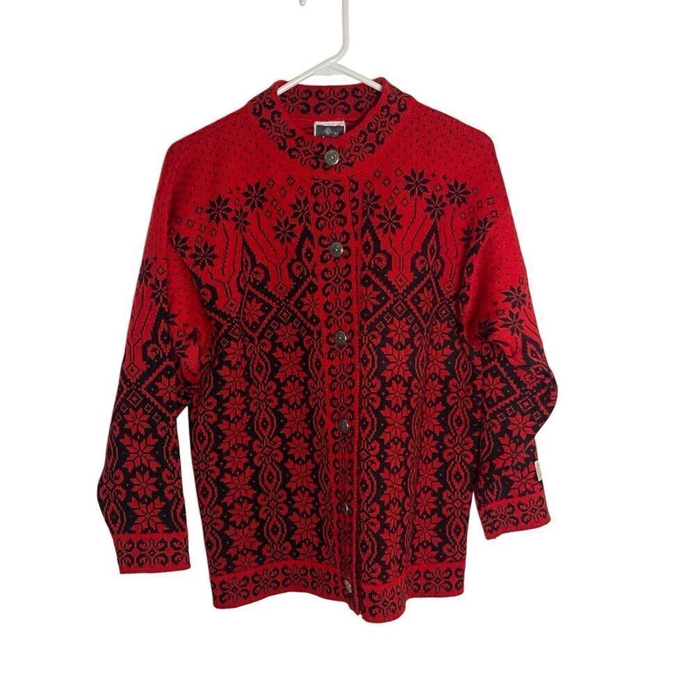 Dale of Norway Wool Button Front Red Black Nordic Cardigan Sweater Size S